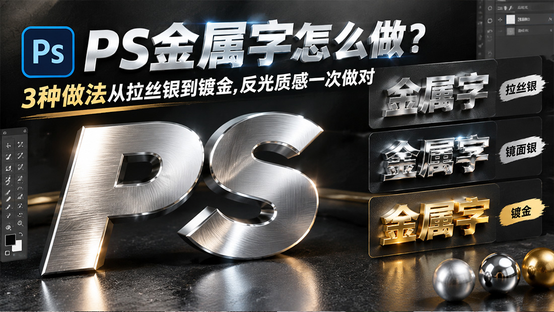 PS金属字怎么做？3种做法从拉丝银到镀金，反光质感一次做对