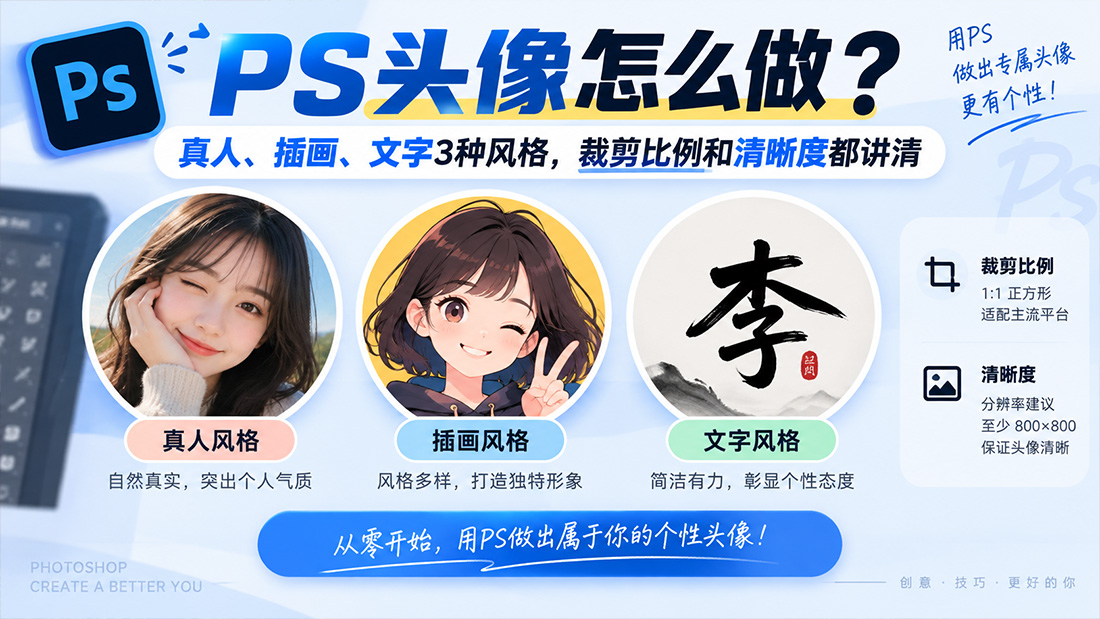 PS头像怎么做？真人、插画、文字3种风格，裁剪比例和清晰度都讲清