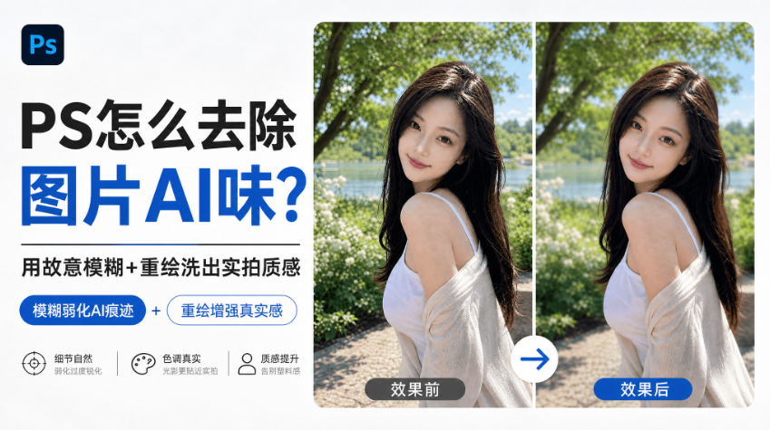 PS怎么去除图片AI味？用故意模糊+重绘洗出实拍质感