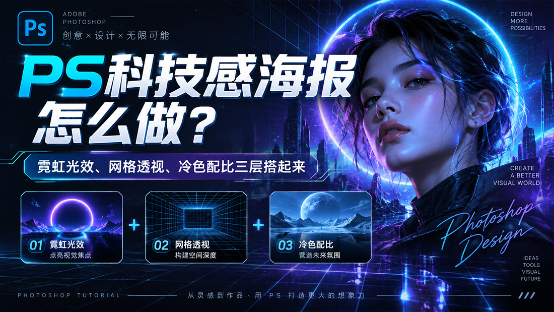 PS科技感海报怎么做？霓虹光效、网格透视、冷色配比三层搭起来