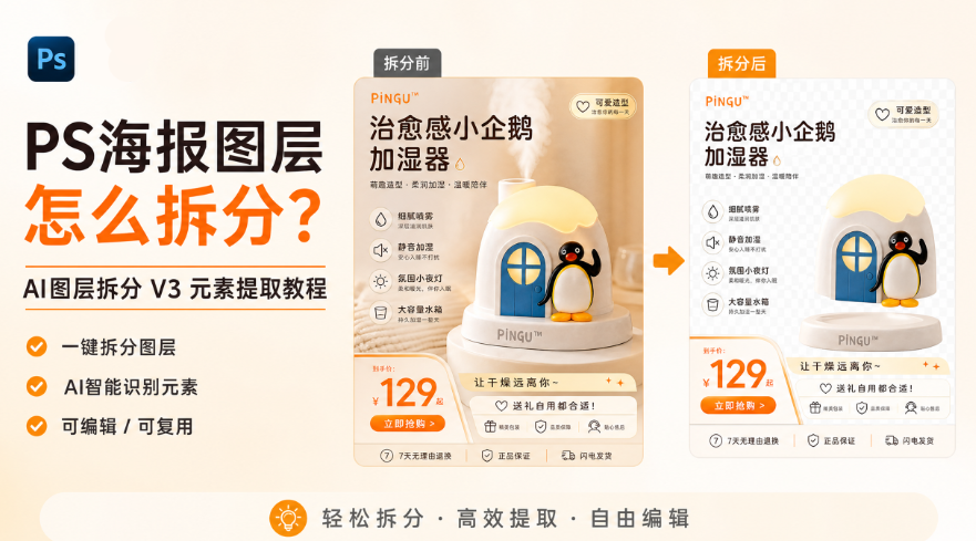 PS海报图层怎么拆分？AI图层拆分 V3 元素提取教程