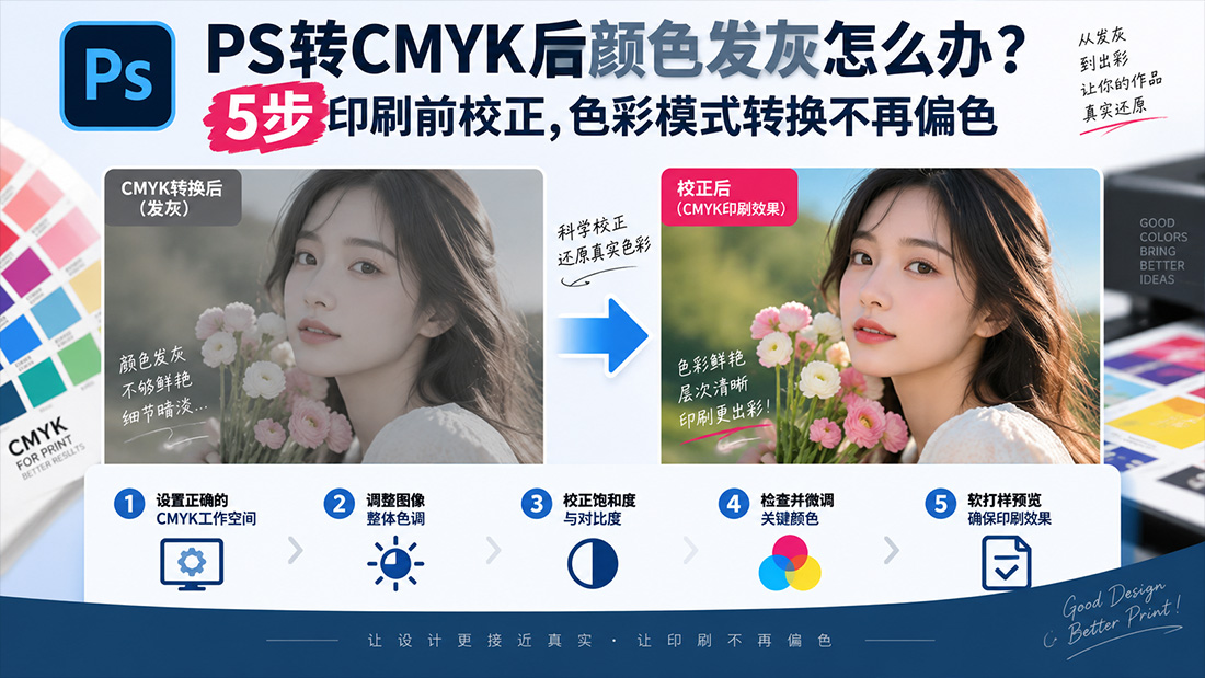 PS转CMYK后颜色发灰怎么办？5步印刷前校正，色彩模式转换不再偏色