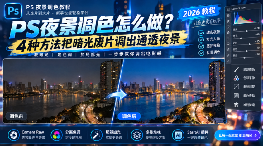PS 夜景调色教程封面图,2026 新手教程,标题:PS 夜景调色怎么做?4 种方法把暗光废片调出通透夜景。画面中间为城市江景夜景调色前后对比图,箭头由调色前指向调色后;右侧展示 Camera Raw 参数面板,底部列出 Camera Raw、分离色调、局部加光、多张堆栈、StartAI 插件 5 种调色方案,适用于城市夜景、灯光人像、旅拍夜拍、批量调色,主打拯救曝光、打造电影感夜色。
