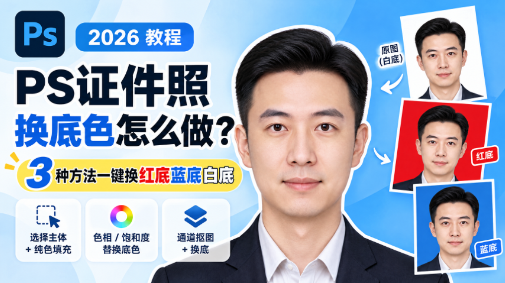 PS 2026 教程封面图，标题为 PS 证件照换底色怎么做，介绍 3 种一键更换证件照红底、蓝底、白底的方法。画面中间是男士证件照人像，右侧展示白底原图、红底、蓝底三种效果对比；左下角标注三种操作方案：选择主体 + 纯色填充、色相 / 饱和度替换底色、通道抠图 + 换底，背景为浅蓝色渐变。