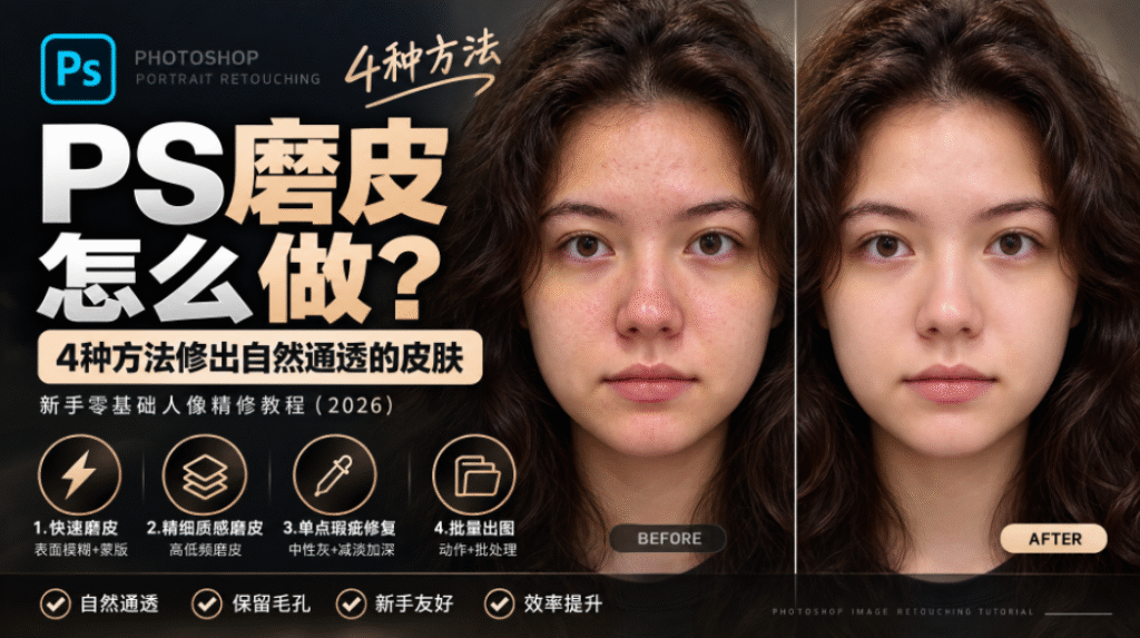PS 人像精修教程封面图，标题为 PS 磨皮怎么做，讲解 4 种修出自然通透皮肤的方法，2026 零基础新手人像教程。画面左右是人像磨皮前后对比（BEFORE 原图带痘印瑕疵，AFTER 修后皮肤干净通透）；下方列出 4 种磨皮方案：快速磨皮（表面模糊 + 蒙版）、精细质感磨皮（高低频磨皮）、单点瑕疵修复（中性灰 + 减淡加深）、批量出图（动作 + 批处理），标注特点：自然通透、保留毛孔、新手友好、效率提升，深色质感背景。