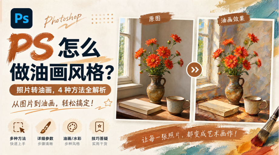 PS 教程封面图，标题 PS 怎么做油画风格，照片转油画 4 种方法全解析。左右对比原图和油画效果图，静物花卉作品，文案：从图片到油画，轻松搞定；底部标注多种方法、详细参数、多画风、技巧答疑，右下角油画笔刷装饰。