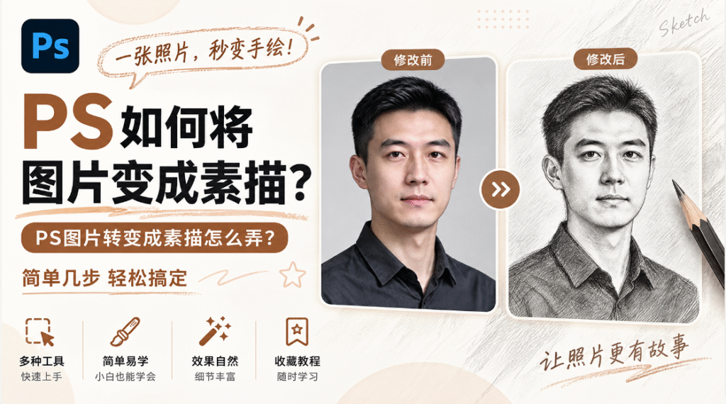 PS 教程封面图，标题：PS 如何将图片变成素描？副标题：一张照片，秒变手绘！画面左右放置人像原图（修改前）与素描效果图（修改后）对比，底部标注教程亮点：多种工具快速上手、简单易学小白也能学会、效果自然细节丰富、收藏教程随时学习。