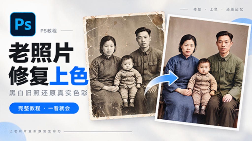 PS 教程封面图，主题为老照片修复上色，左右放置修复前后的一家三口全家福老照片对比，左侧是破损泛黄黑白旧照，右侧是修复上色后的彩色照片，配有箭头示意效果，文案：黑白旧照还原真实色彩，修复、上色、还原记忆。