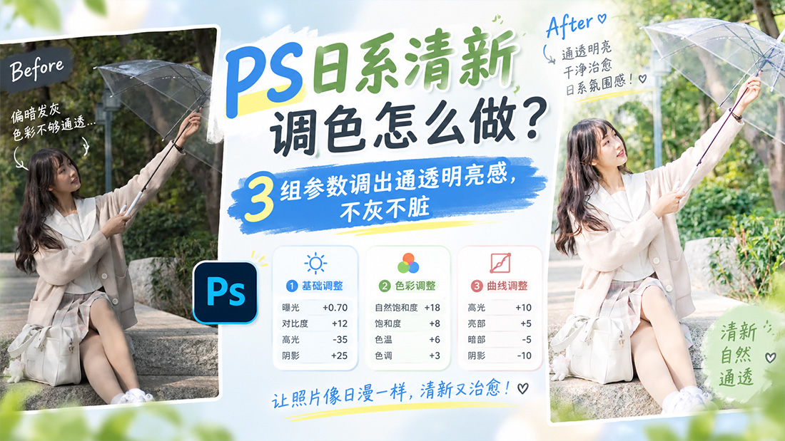 PS日系清新调色怎么做？3 组参数调出通透明亮感，不灰不脏
