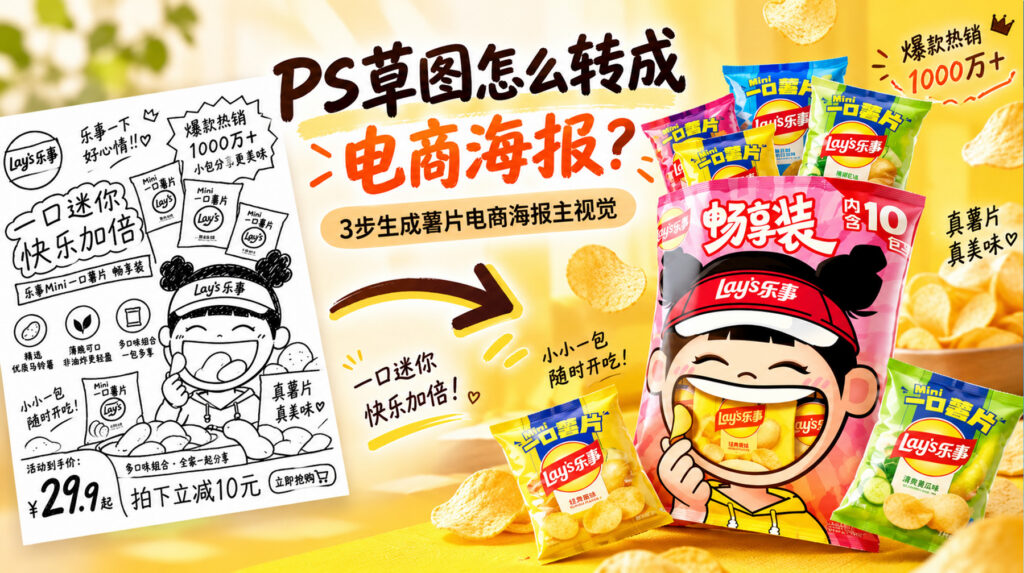 ps草图怎么转成电商海报？3 步生成薯片电商海报主视觉