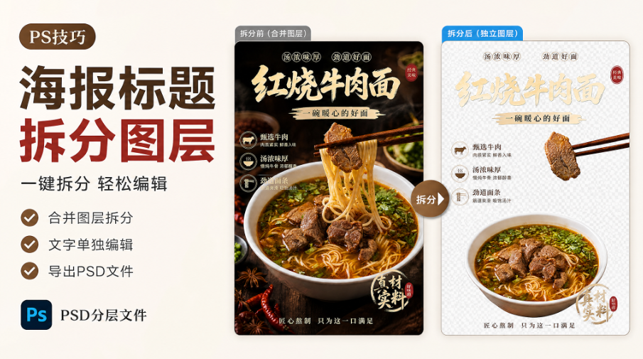 PS图层拆分怎么做？把合并的海报拆成独立图层并导出PSD