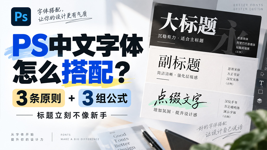 PS中文字体怎么搭配？3 条原则 + 3 组公式，标题立刻不像新手