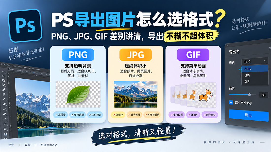 PS导出图片怎么选格式？PNG、JPG、GIF 差别讲清，导出不糊不超体积