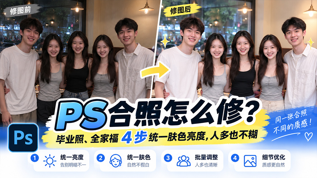 PS合照怎么修？毕业照、全家福 4 步统一肤色亮度，人多也不糊