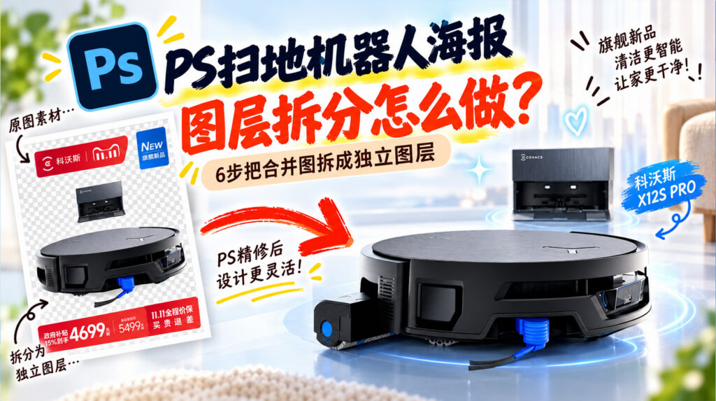 PS扫地机器人海报图层拆分怎么做？6步把合并图拆成独立图层