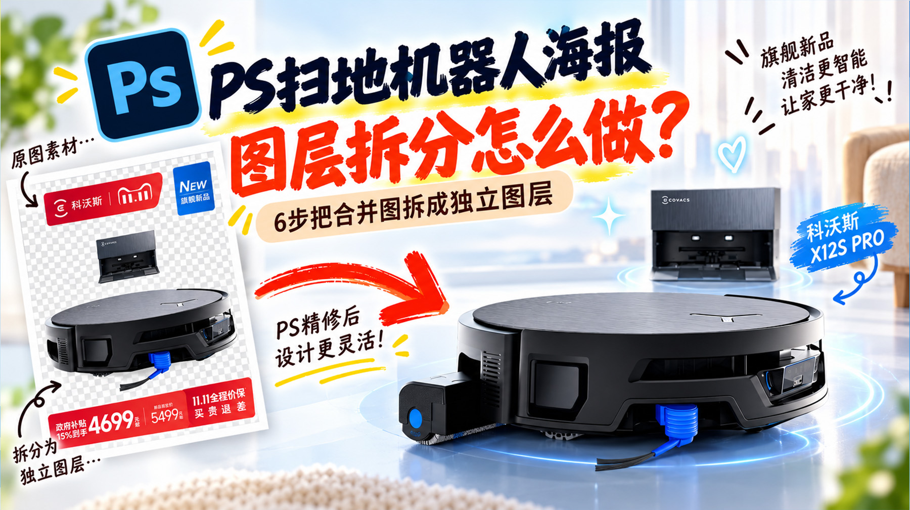 PS扫地机器人海报图层拆分怎么做？6步把合并图拆成独立图层