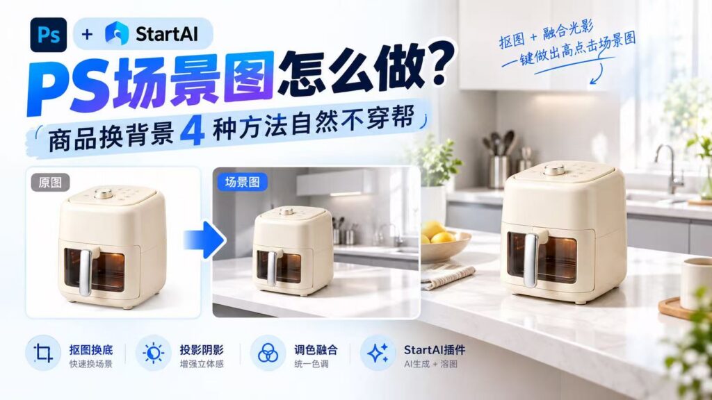 教程封面图，PS+StartAI，标题 PS 场景图怎么做？商品换背景 4 种方法自然不穿帮，空气炸锅白底原图转为厨房场景效果图，标注抠图换底、投影阴影、调色融合、StartAI 插件