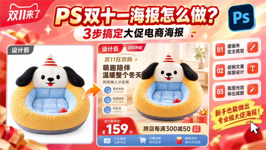 PS 教程封面图，标题：如何用 PS 制作双 11 大促海报，零基础轻松学 PS，3 分钟搞定零基础也能上手；左侧草图构思手绘草稿，右侧保温杯商品大促成品海报对比；包含海报构思、文字排版、图层处理、素材搭配 4 项技能图标，底部标注从草图到成品全流程演示、配色字体排版技巧、图层样式、商用素材渠道，电商美工教程封面。