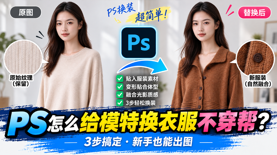 PS 教程封面图,标题:PS 怎么给模特换衣服不穿帮?3 步搞定,新手也能出图;左右对比展示模特原图(浅米色毛衣)与换装后效果图(棕色翻领针织开衫),附带面料纹理细节放大图,标注操作要点:贴入服装素材、变形贴合体型、融合光影质感,使用 StartAI 插件实现 PS 模特换装。