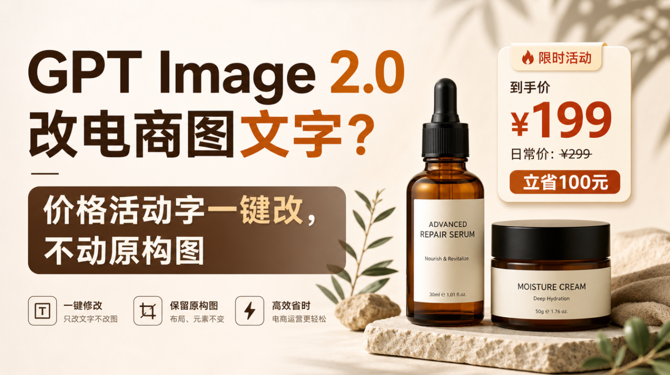 GPT Image 2.0改电商图文字？价格活动字一键改，不动原构图