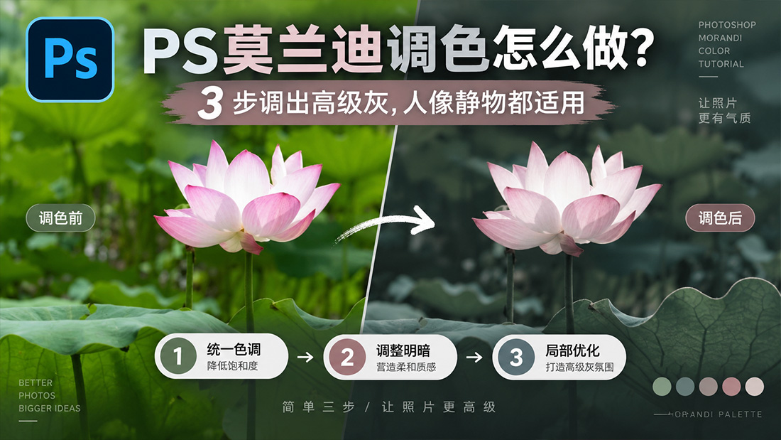 PS莫兰迪调色怎么做？3 步调出高级灰，人像静物都适用