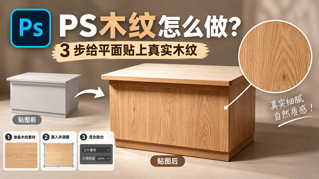 PS木纹怎么做？3 步给平面贴上真实木纹