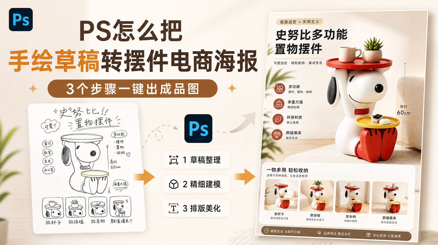 PS怎么把手绘草稿转摆件电商海报？3个步骤一键出成品图