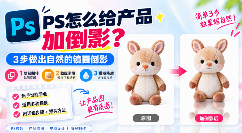 PS 教程封面图，标题 PS 怎么给产品加倒影，3 步做出自然镜面倒影；展示毛绒玩偶原图和添加倒影后的效果对比。操作步骤：1 复制翻转贴到底部，2 蒙版渐隐越往下越透明，3 模糊降质增加真实感。标注新手友好，适用多场景，附带手动操作与 StartAI 插件两种方法，电商产品修图海报。