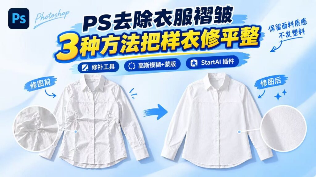 PS 电商服装修图封面图，标题：PS 去除衣服褶皱，3 种方法把样衣修平整；三种方案标签：修补工具、高斯模糊 + 蒙版、StartAI 插件。左右对比白衬衫修图前与修图后效果，放大细节圈展示褶皱去除前后面料变化，文案标注保留面料质感、不发塑料感，清新浅蓝背景，适合抖音 PS 美工教程封面。