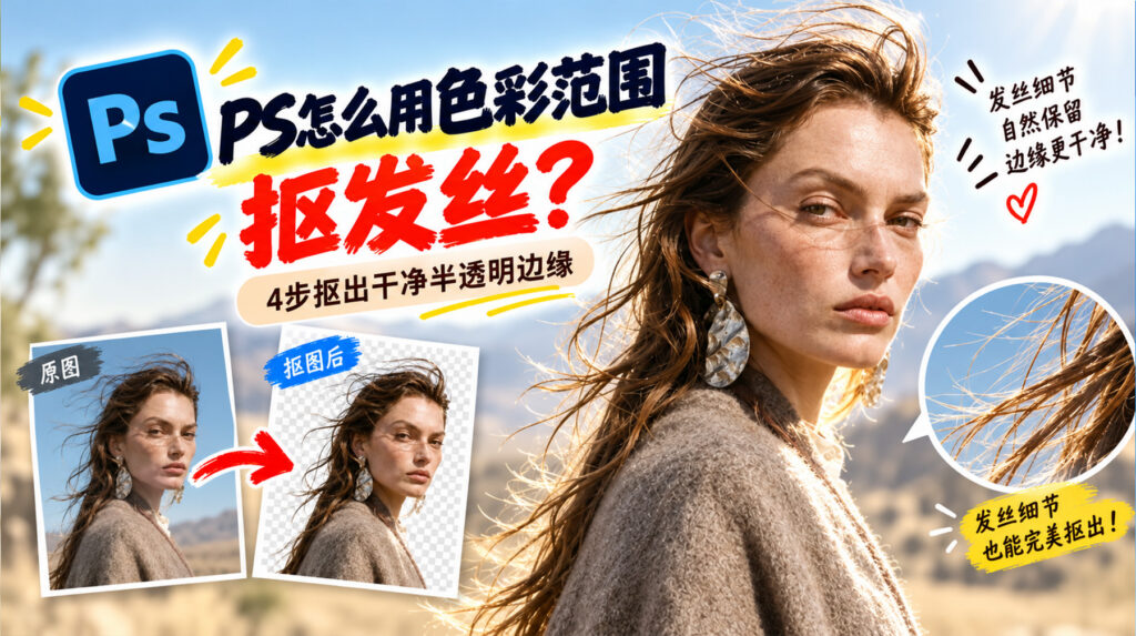 PS怎么用色彩范围抠发丝？4步抠出干净半透明边缘