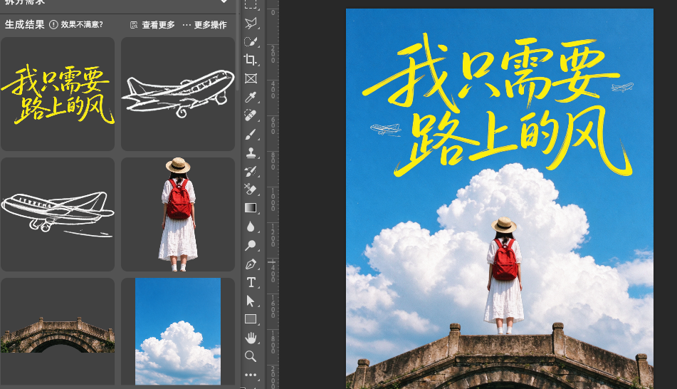 AI 自动识别画面里的天空、桥梁、人物、文字、装饰元素，分别生成独立图层