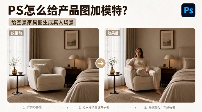 PS怎么给产品图加模特？给空景家具图生成真人场景