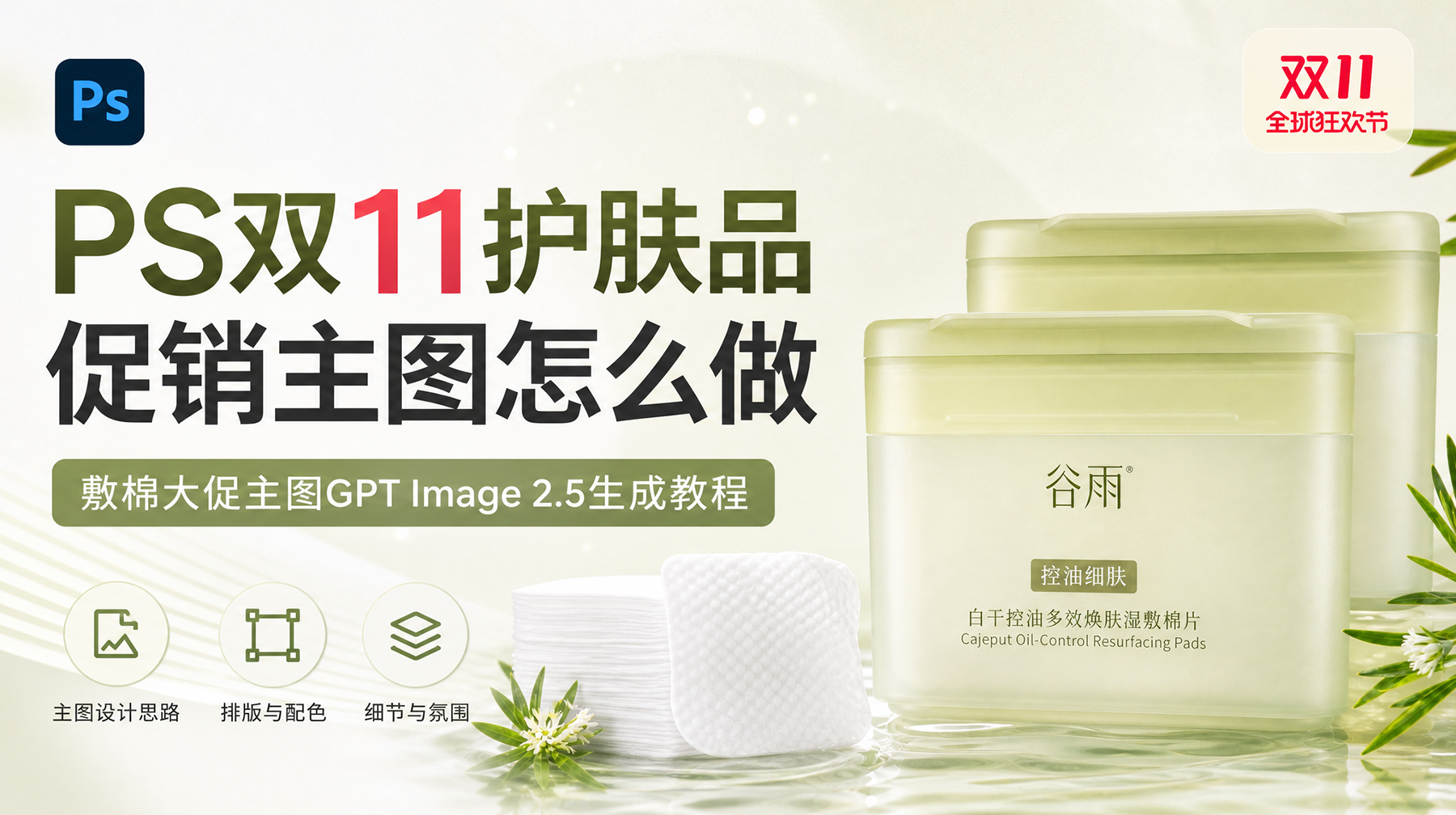 PS双11护肤品促销主图怎么做？湿敷棉大促主图GPT Image 2.5生成教程