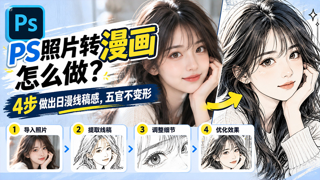 PS照片转漫画怎么做？4步做出日漫线稿感，五官不变形