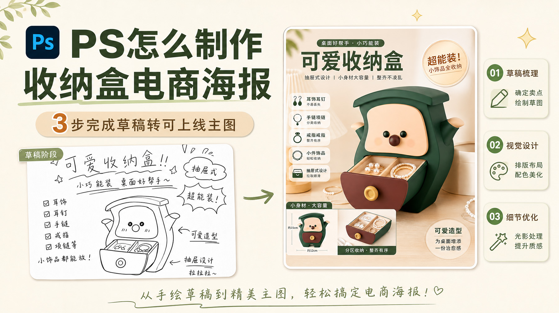 PS怎么制作收纳盒电商海报？3步完成草稿转可上线主图