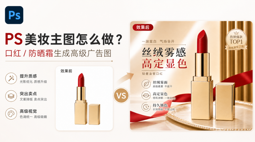 PS美妆主图怎么做？口红防晒霜生成高级广告图