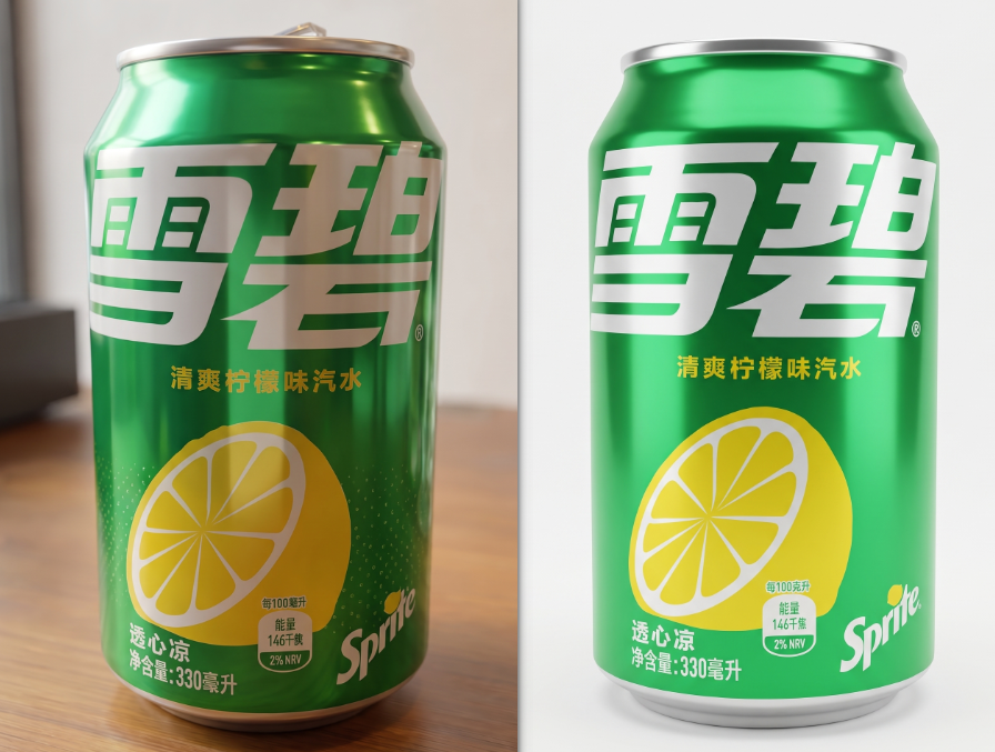 StartAI Banana修图V3易拉罐精修前后高光质感对比