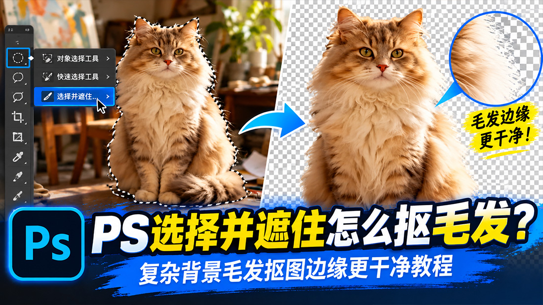 PS选择并遮住怎么抠毛发？复杂背景毛发抠图边缘更干净教程