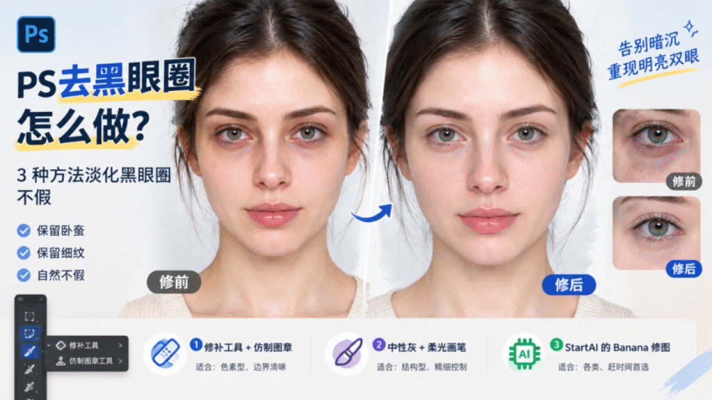 PS 人像修图抖音教程封面图，标题 “PS 去黑眼圈怎么做？3 种方法淡化黑眼圈不假”。画面左右分栏，左侧为人像修前原图，右侧是修后效果图，附带眼周局部特写对比。标注三大优势：保留卧蚕、保留细纹、效果自然不假。底部列出 3 种修图方案：修补工具 + 仿制图章适合色素型黑眼圈；中性灰 + 柔光画笔适合结构型黑眼圈；StartAI 的 Banana 修图适合各类黑眼圈、赶时间首选。左上角放置 PS 图标，浅蓝简约背景，配装饰文字 “告别暗沉，重现明亮双眼”。