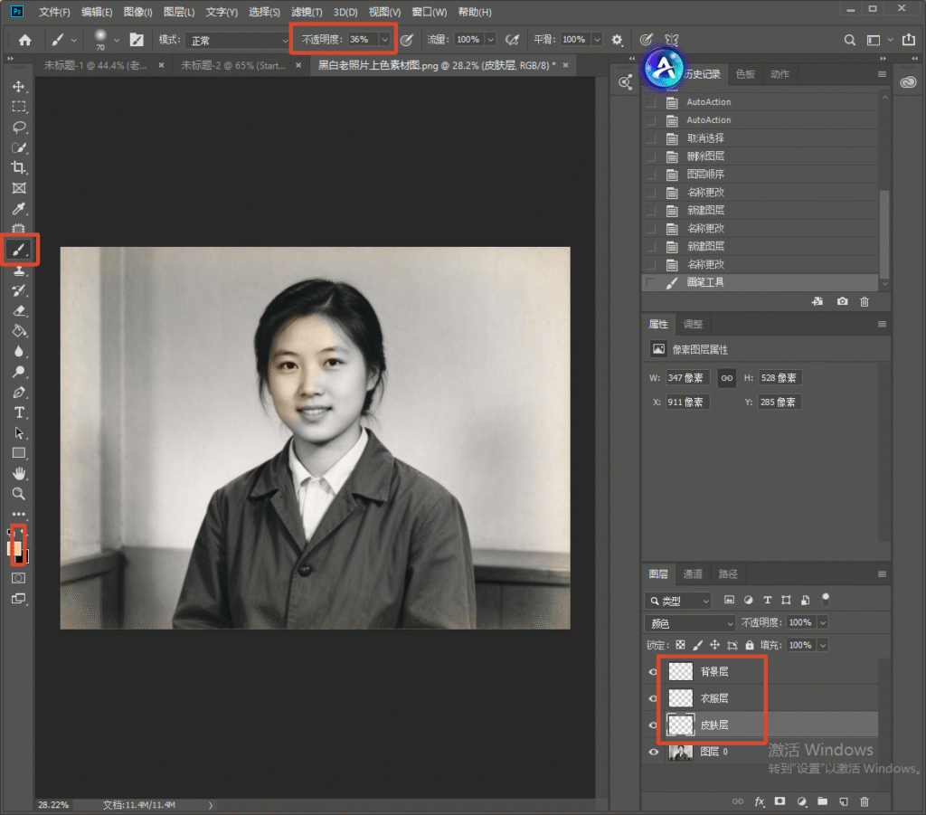 Photoshop 操作界面，选中画笔工具，画笔不透明度设置 36%，图层面板新建皮肤层、衣服层、背景层，使用颜色混合模式分层给黑白老照片的人像皮肤铺色，演示老照片手动上色步骤。