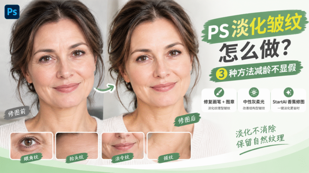PS 淡化皱纹教程封面图，左右放置人像修图前、修图后对比图，箭头指向效果变化；下方展示眼角纹、抬头纹、法令纹、颈纹细节对比框；右侧标题 PS 淡化皱纹怎么做，标注 3 种减龄不假的修图方案：修复画笔 + 图章、中性灰柔光、StartAI 香蕉修图，文案淡化不消除，保留自然皮肤纹理。