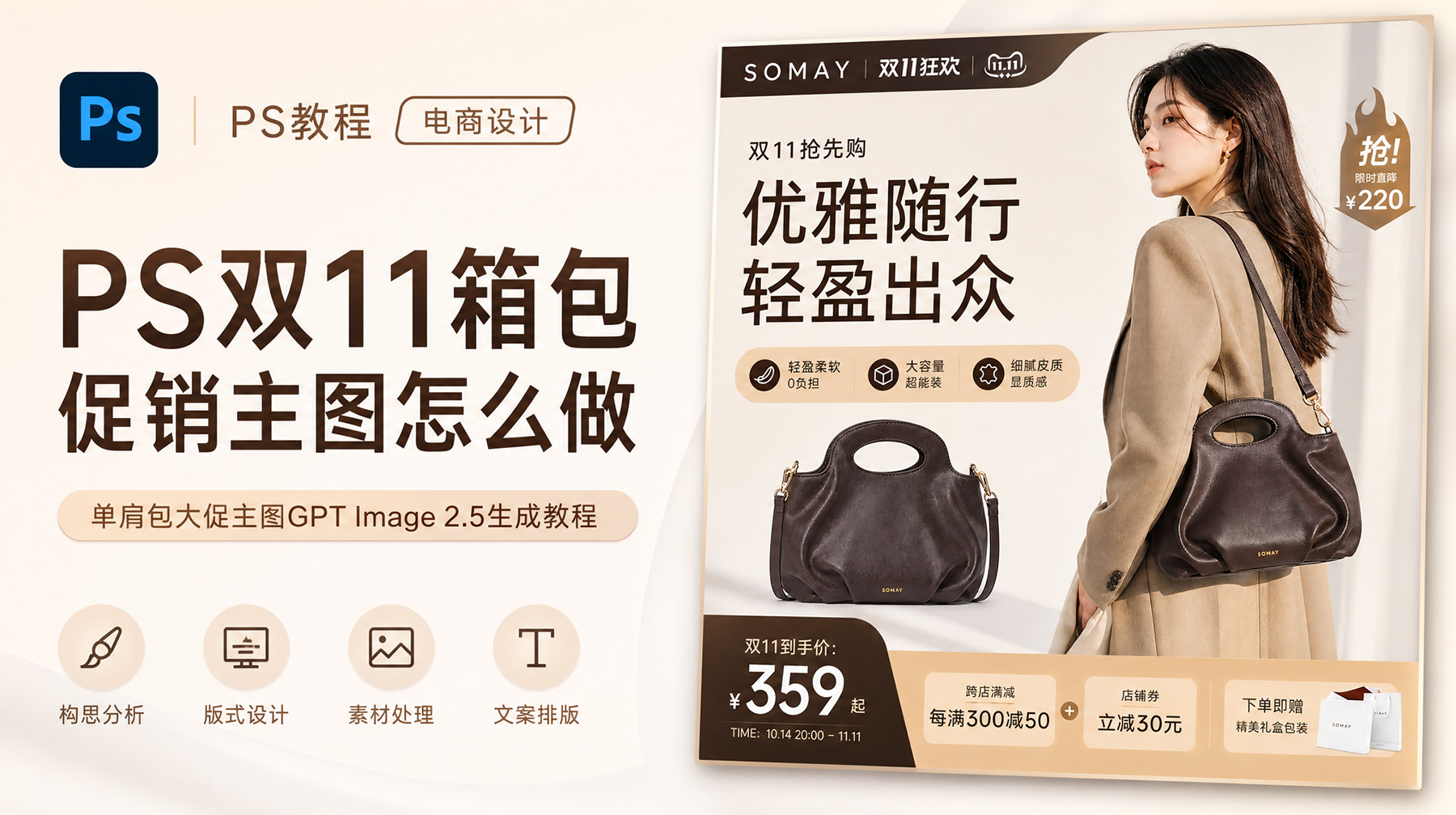 PS双11箱包促销主图怎么做？单肩包大促主图GPT Image 2.5生成教程