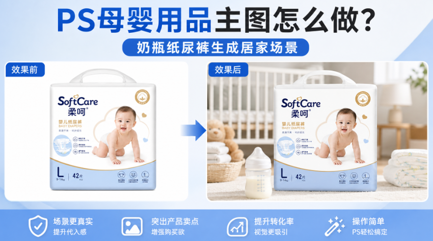 PS母婴用品主图怎么做？奶瓶纸尿裤生成居家场景