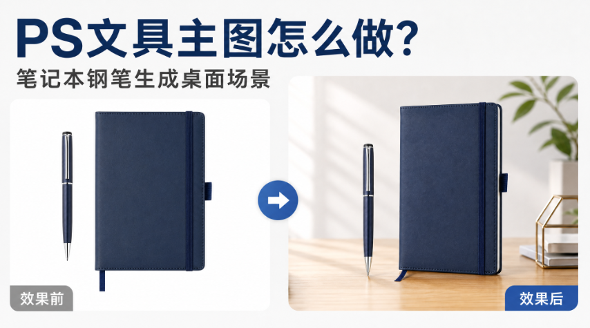 PS文具主图怎么做?笔记本钢笔生成桌面场景