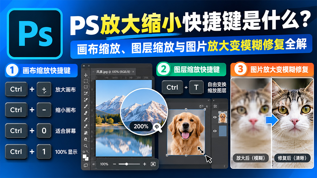 PS放大缩小快捷键是什么？画布缩放、图层缩放与图片放大变模糊修复全解