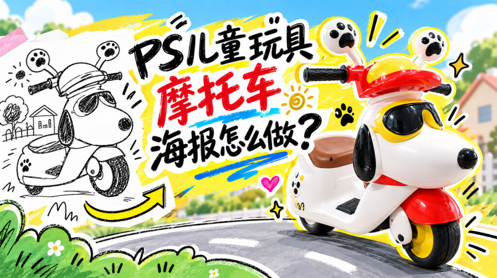 PS儿童玩具摩托车海报怎么做？草稿转海报分3步走