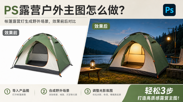 PS露营户外主图怎么做？帐篷露营灯生成野外场景