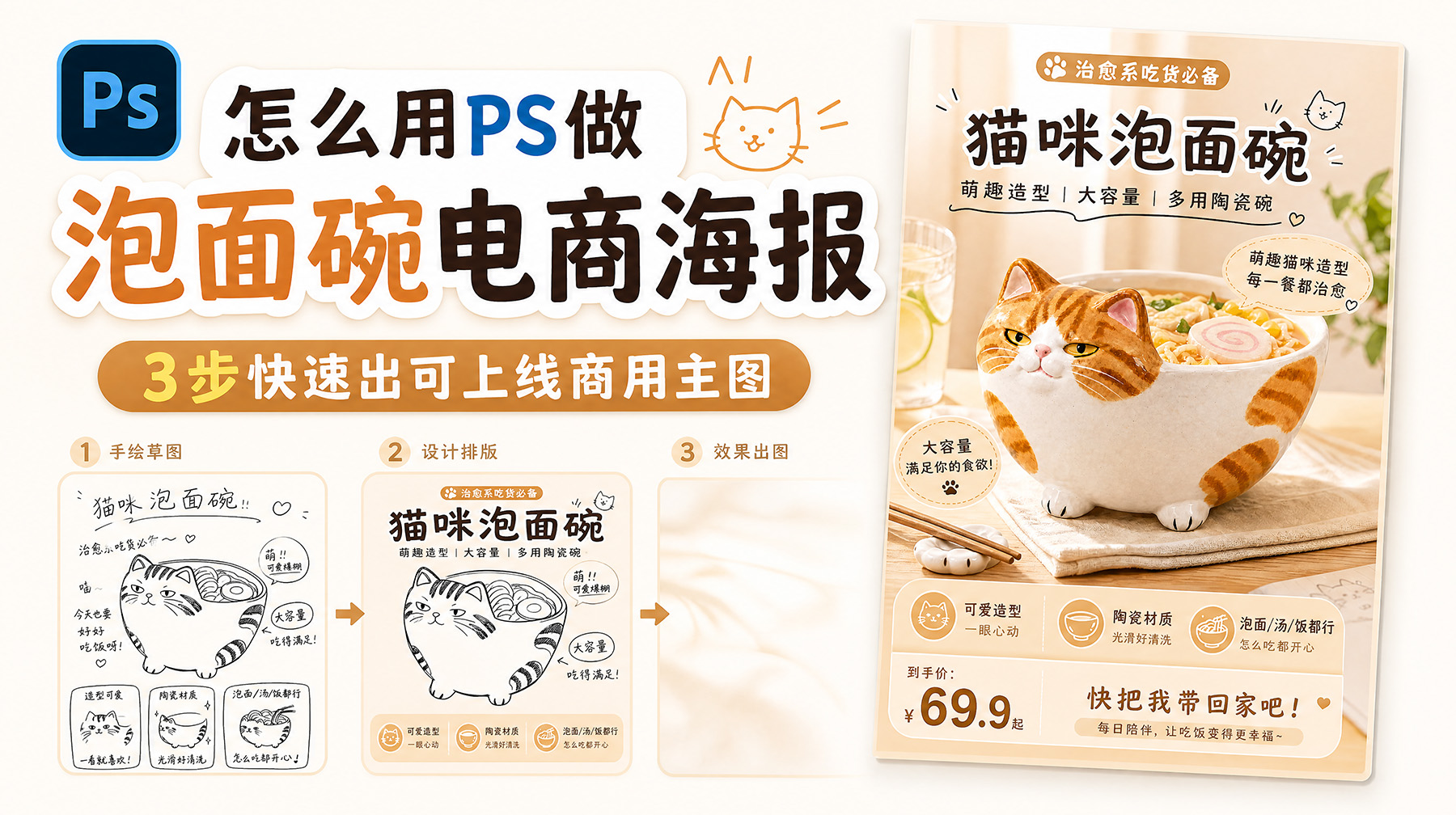 怎么用PS做泡面碗电商海报？3步快速出可上线商用主图