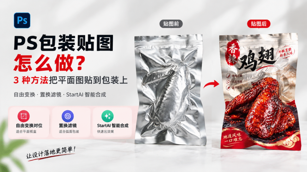 PS 包装贴图教程封面图,标题 PS 包装贴图怎么做?介绍 3 种贴图方法:自由变换对位、置换滤镜、StartAI 智能合成;中间展示铝箔包装袋贴图前空白银袋、贴图后香辣鸡翅成品包装的效果对比,适合电商食品包装样机教学。