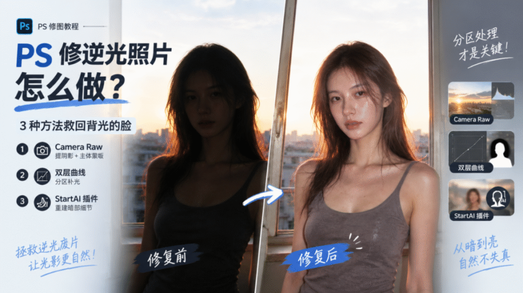 PS 修逆光照片教程封面图，左右分栏放置人像修复前、修复后对比图，窗边日落逆光人像，左侧标题文字：PS 修逆光照片怎么做？3 种方法救回背光的脸，依次标注 Camera Raw、双层曲线、StartAI 插件三种修图方案，右侧标注分区处理才是关键，文案说明拯救逆光废片，提亮人脸同时保留自然光影，适合人像后期修图教学。